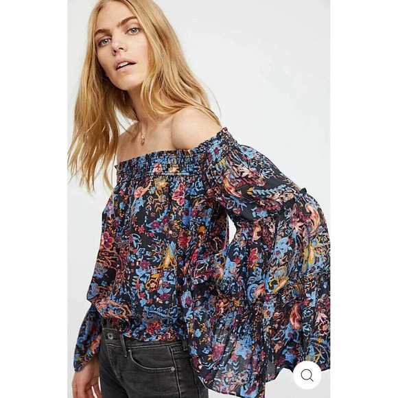 Free People Free Spirit Off The Shoulder Top Size Small Floral Bell Sleeve - Picture 6 of 7